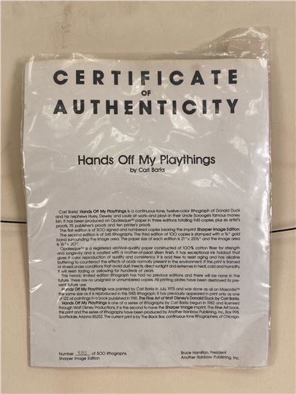 BARKS LITHOGRAPHIE Hands Off My Playthings (Signed Limited Edition, 345 Ex)