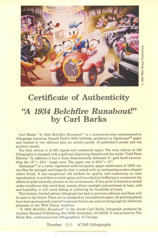 BARKS LITHOGRAPHIE A 1934 Belchfire Runabout Signed Limited Edition Lithograph 345 Ex