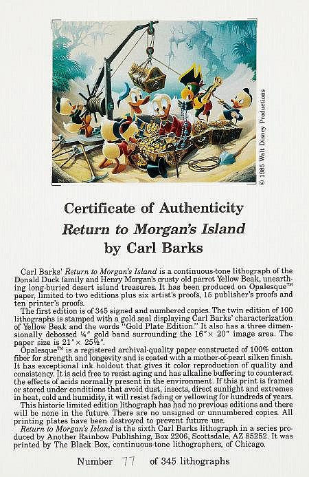 BARKS LITHOGRAPHIE Return to Morgan's Island Signed Limited Edition Lithograph 345 Ex