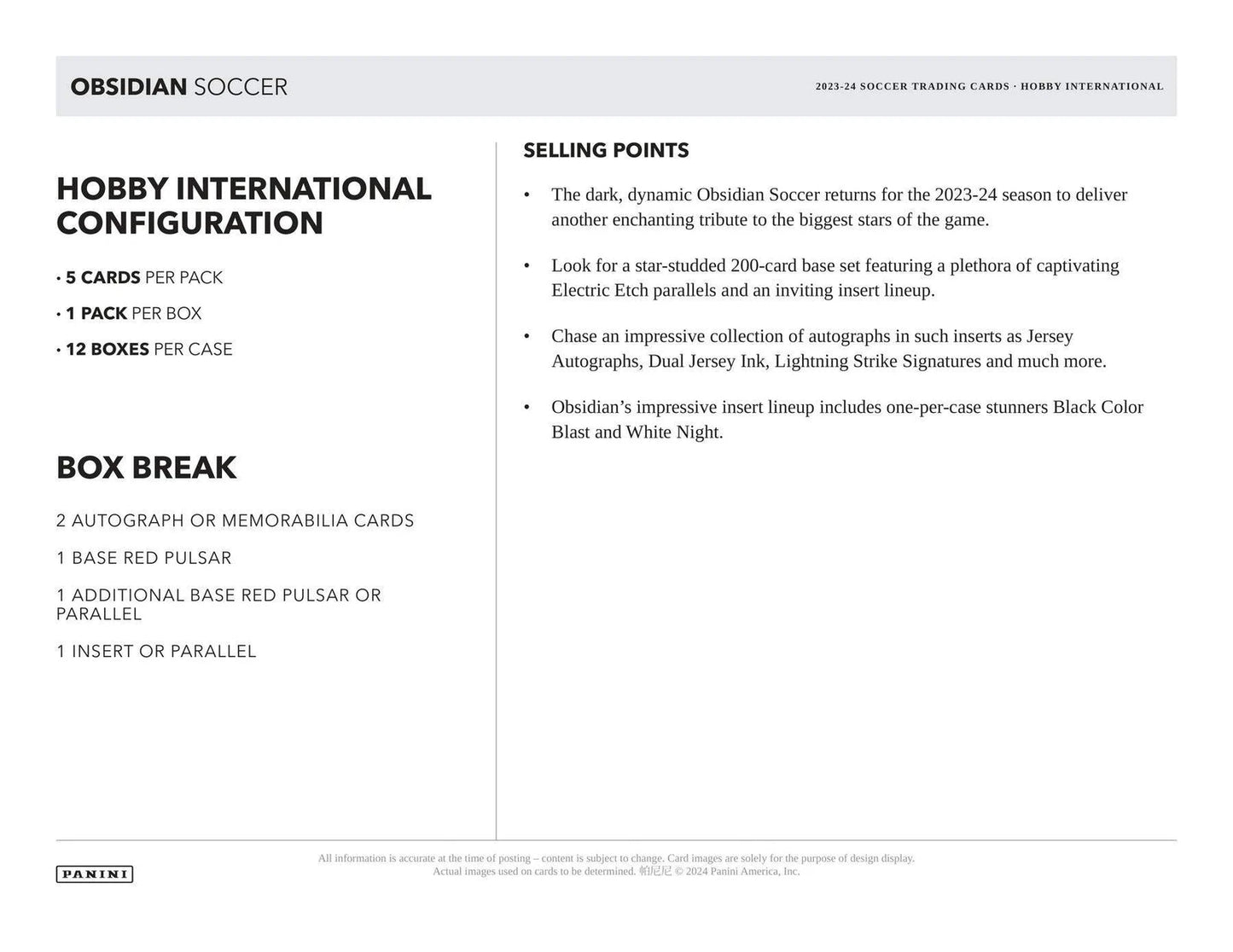 SOCCER 2023-24 Panini Obsidian International Hobby Box (1+1 Auto/ Memo)