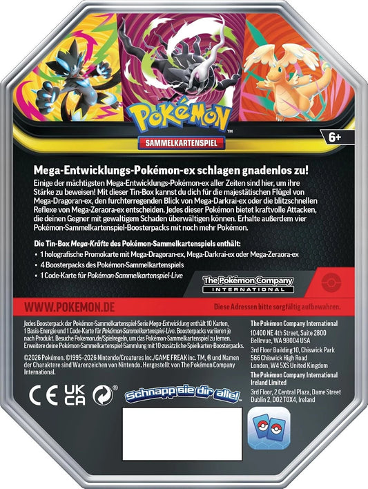 Pokemon Mega-Kräfte alle 3x Tin Boxen 2026 Darkrai, Dragoran & Zeraora Tins im Set DE