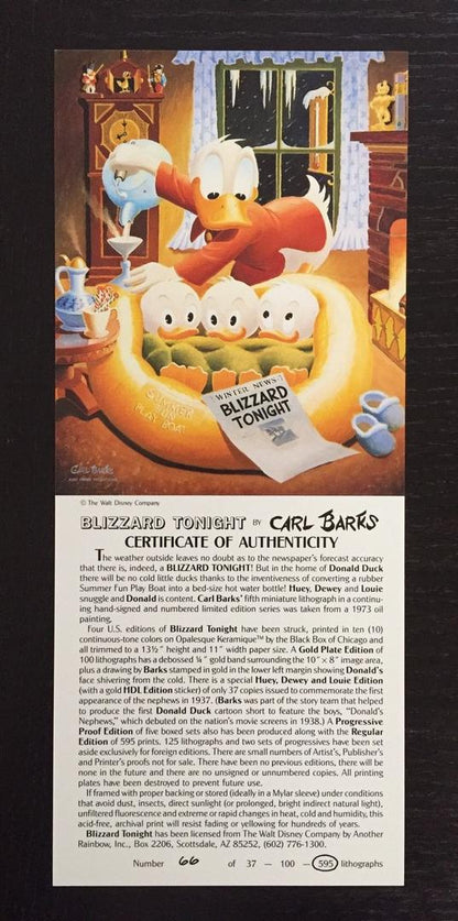 BARKS LITHOGRAPHIE Blizzard Tonight Signed Limited Edition Lithograph (1990) 595 Ex