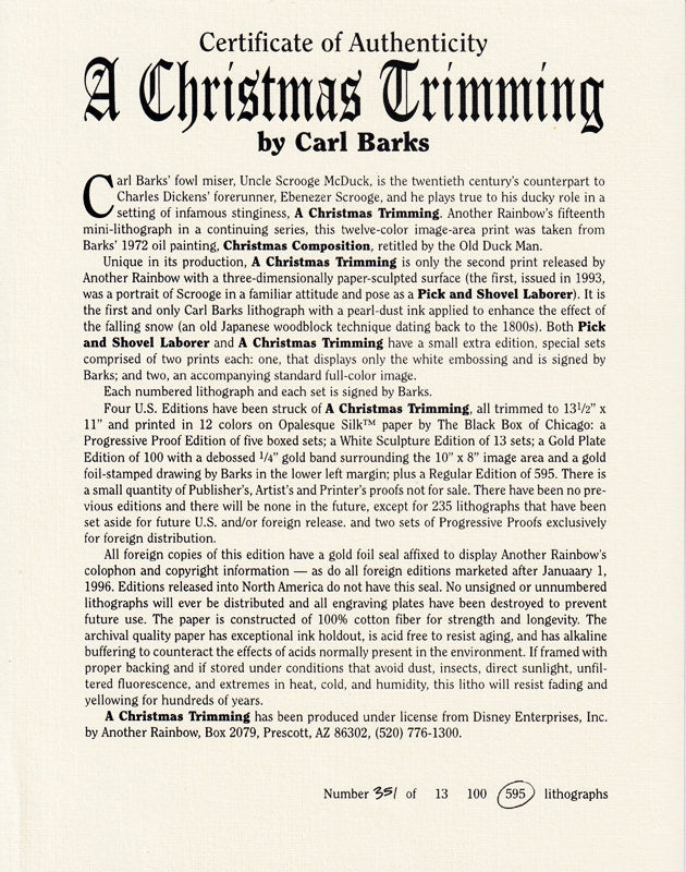 BARKS Mini LITHOGRAPHIE A Christmas Trimming Signed Limited Edition Lithograph (1999) 595 Ex