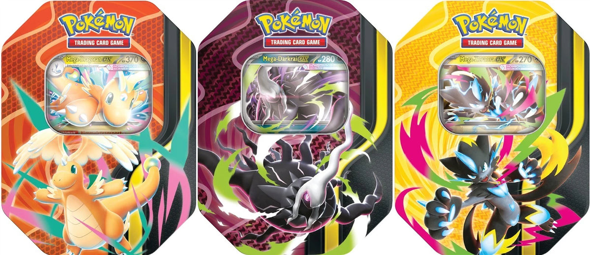 Pokemon Mega-Kräfte alle 3x Tin Boxen 2026 Darkrai, Dragoran & Zeraora Tins im Set DE